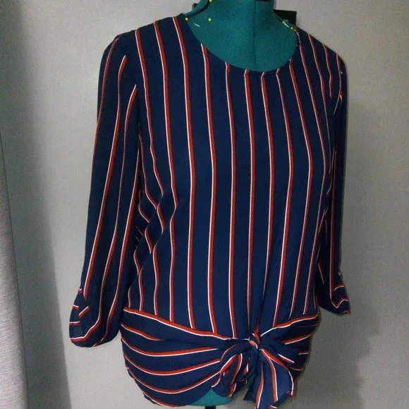 Maurice’s Pinstriped Tie Waist Blouse Sz Large Red White & Blue - Picture 14 of 15